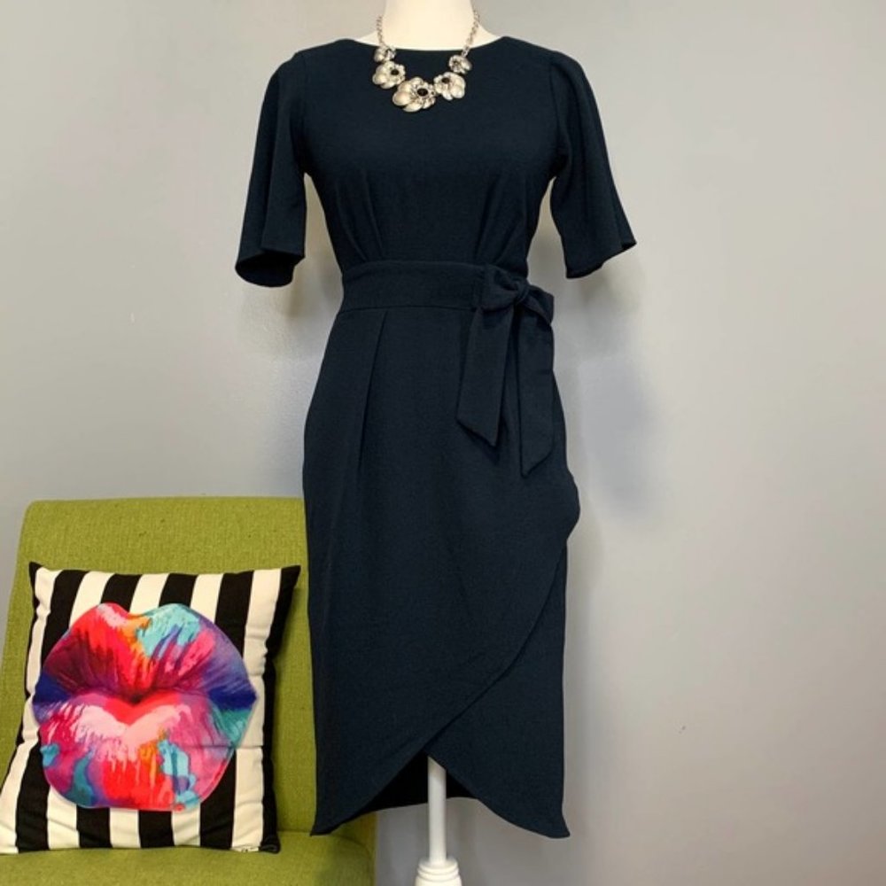 Closet London Navy Blue Tie Waist Sheath Dress